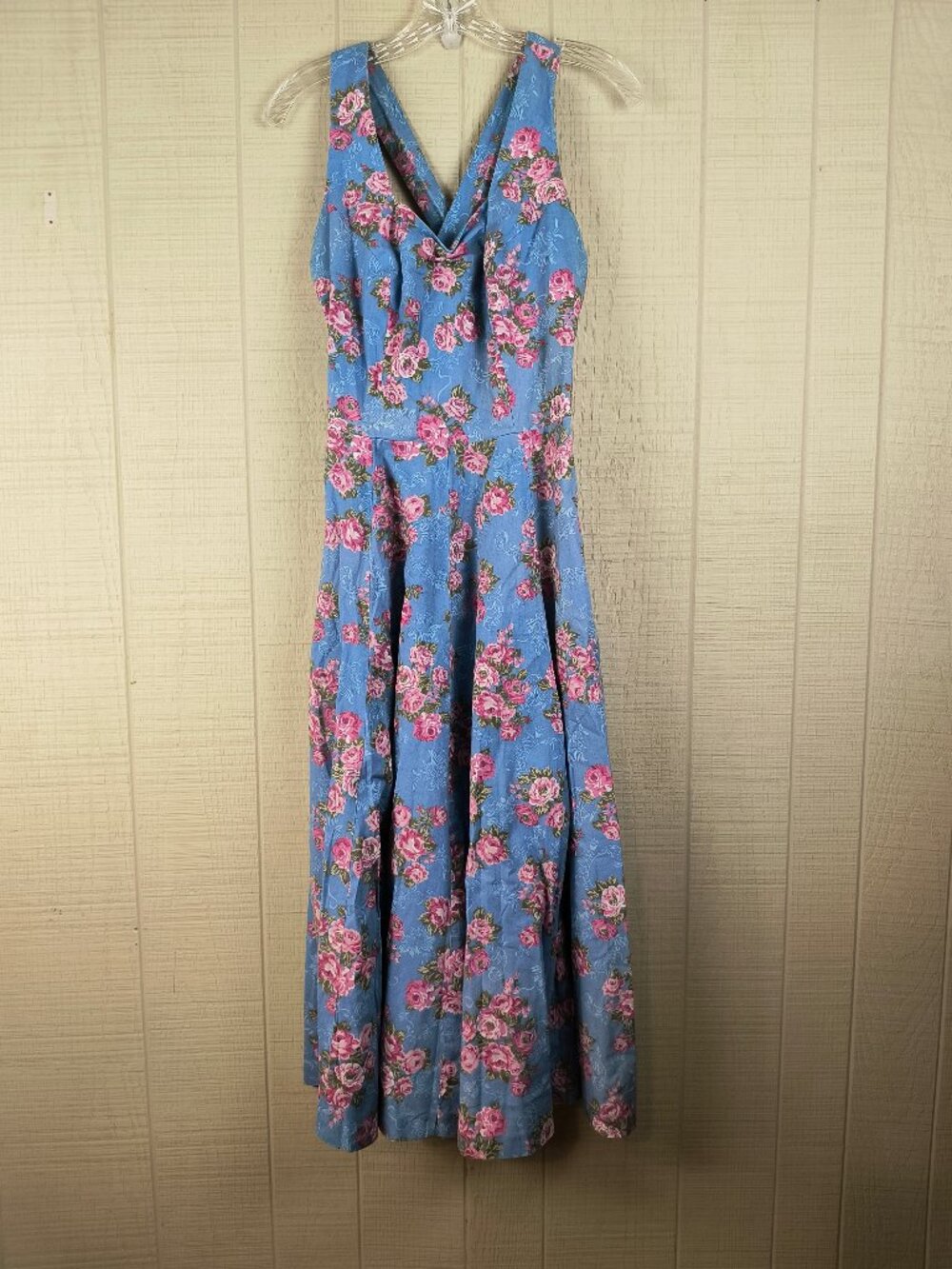 Vintage 70s Lanz Originals Sundress Blue Pink Rose Floral Print Sweet Cottage
